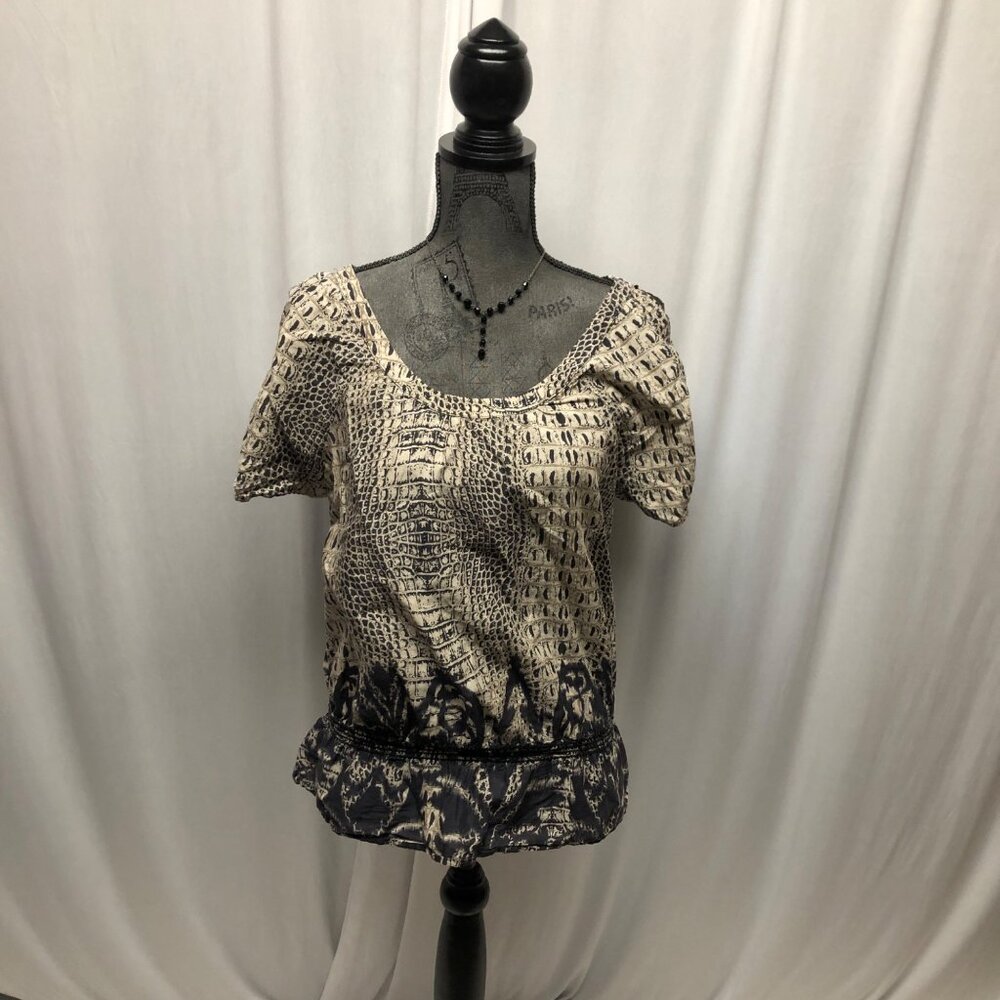 Nine West Top Womens Size Medium Beige Black Elastic Hemline Lightweight Cotton